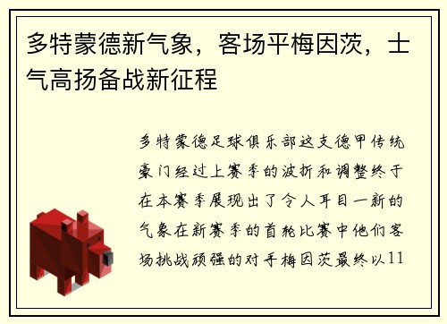 多特蒙德新气象，客场平梅因茨，士气高扬备战新征程