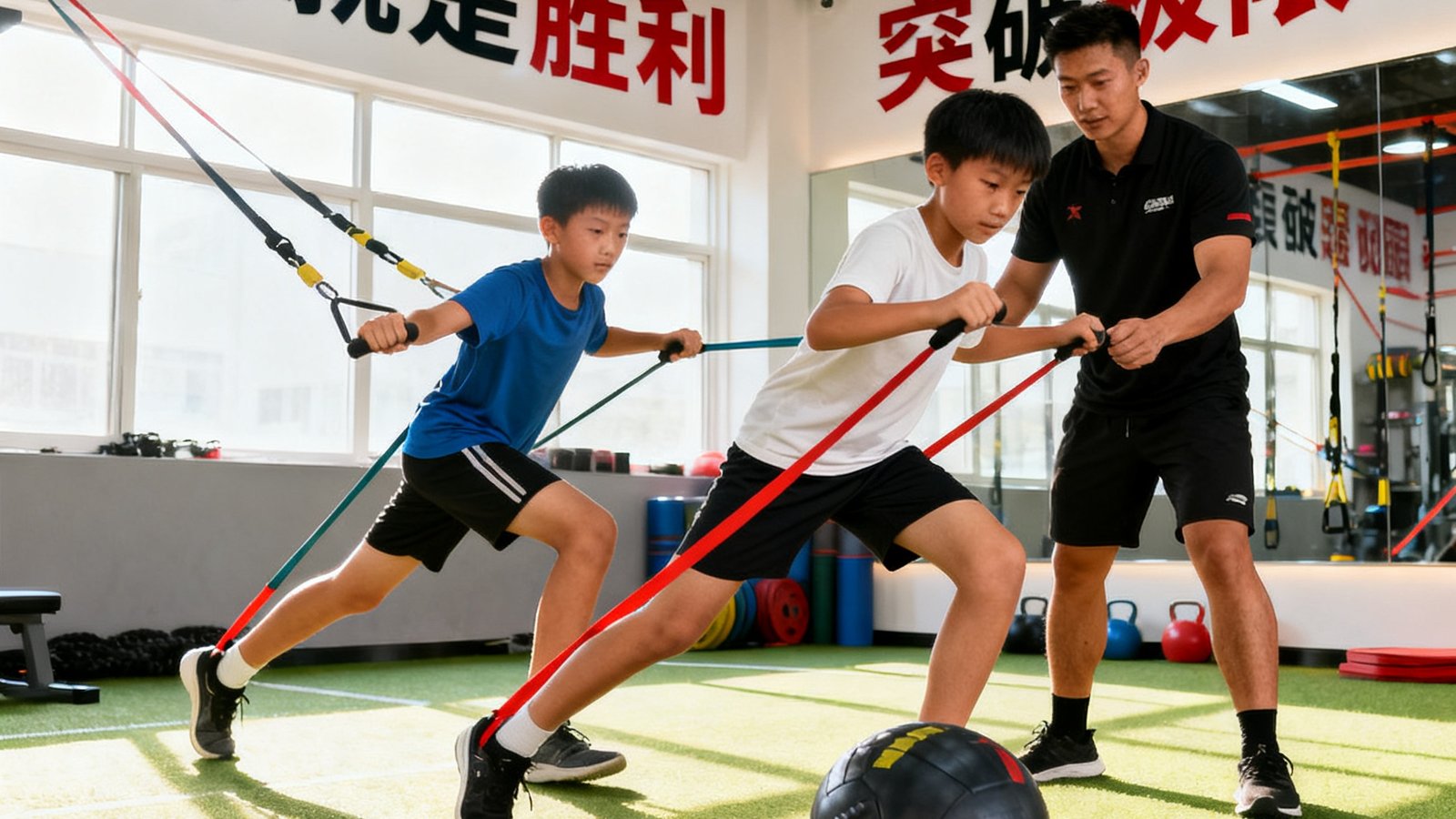 明亮的体能训练中心内，两名青少年在专业教练指导下使用弹力带和药球进行核心力量训练，墙面贴满激励标语。