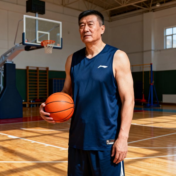 陈大伟，前CBA职业球员，篮球高级教练，身材高大健壮，手持篮球站在训练场上，表情专注。